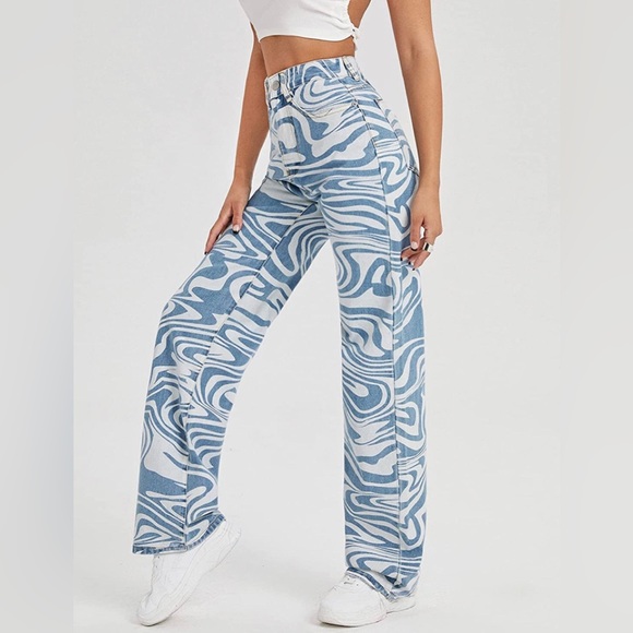 NWOT High Waist Print Pants Y2K Print Wide Leg Denim Jeans XS - Picture 3 of 5